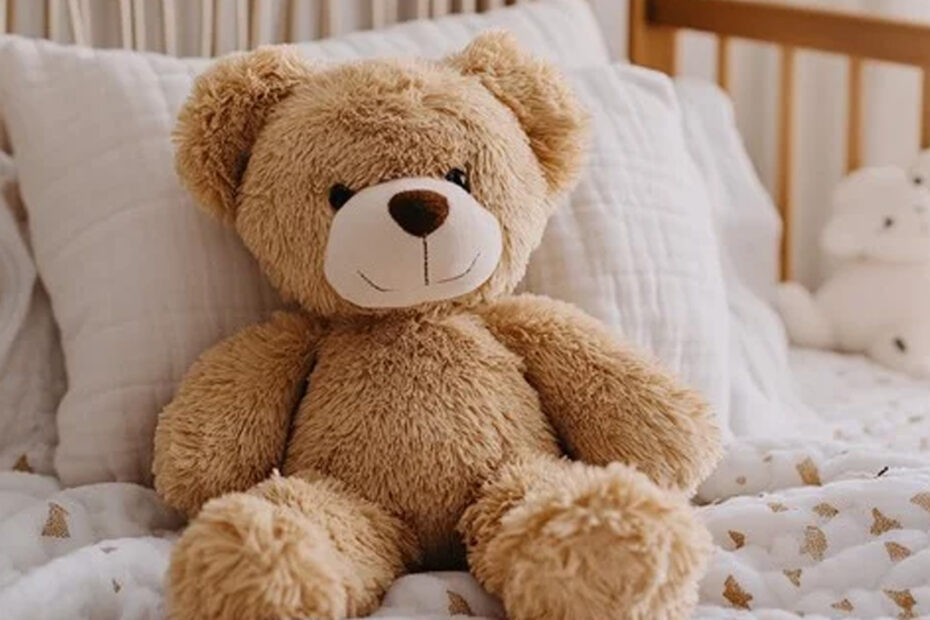 A teddy bear in bed