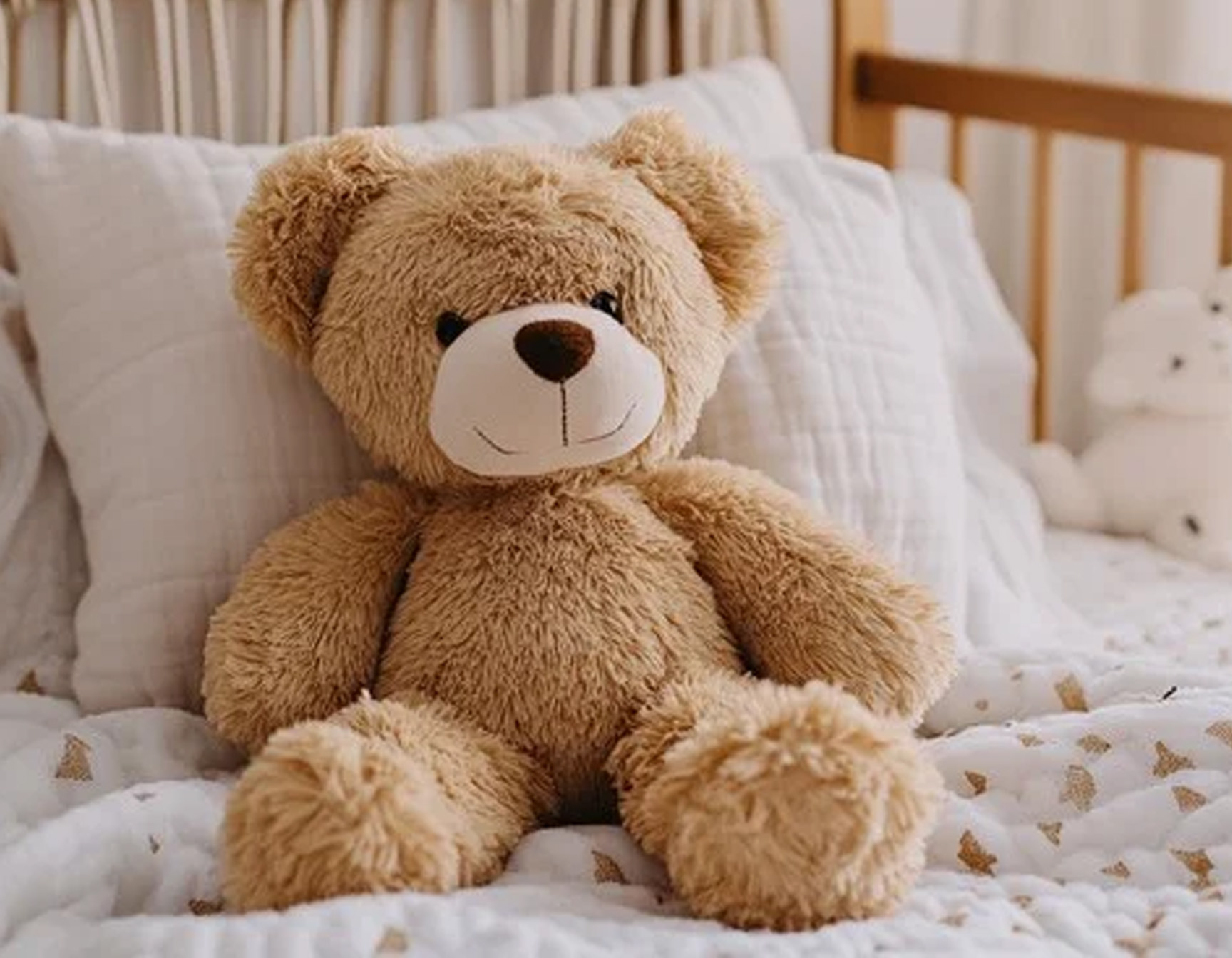 A teddy bear in bed